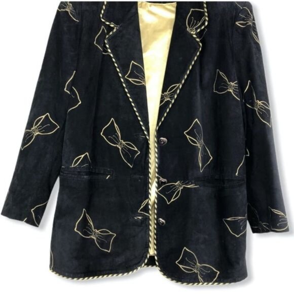 90’s Vintage Black Leather Bow Print Crystal Heart Button Blazer Jacket - Picture 3 of 13